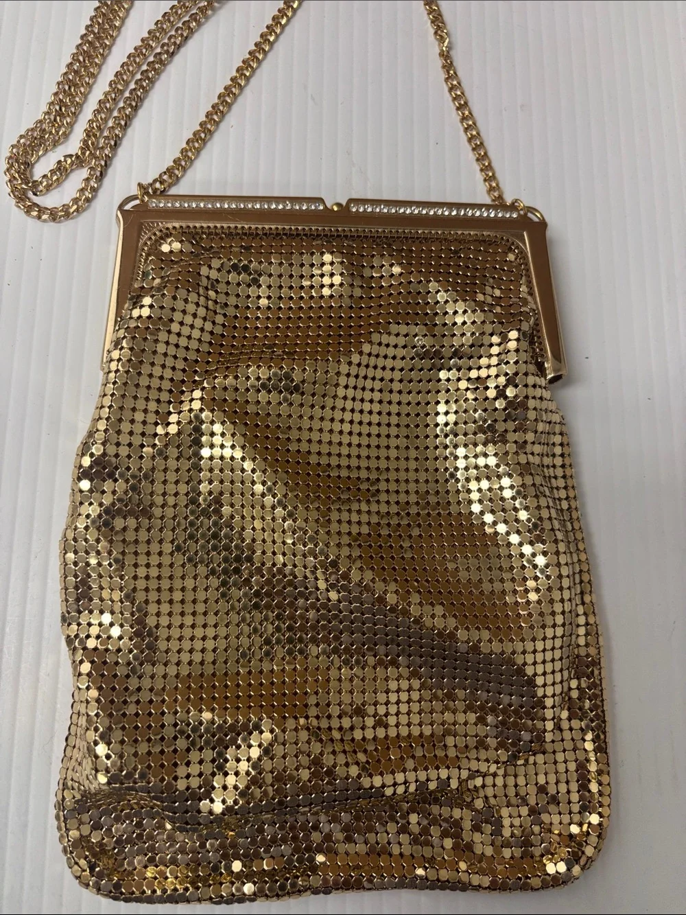 Whiting & Davis Gold Mesh Evening Wristlet with Chain